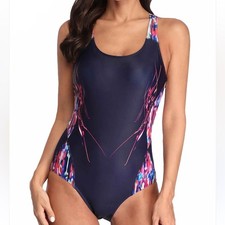 Women's blue with pink Print Slimming Wide Strap One Piece Swimsuit NWOT