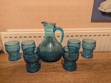VTG. 1960s MCM Empoli Fidenza Italian Blue Embossed Water Wine Jug & 6 Glasses