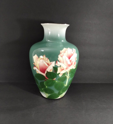Vtg~TAJIMI Japan~Cloisonne Porcelain Vase~10.5''~Peony Flower Soft Teal~EXCELLENT