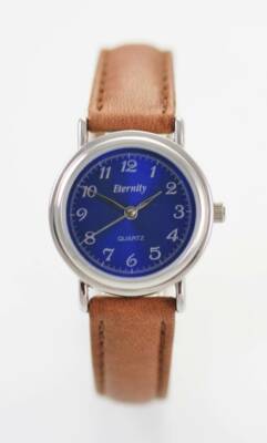 Eternity Blau Damen Edelstahl Silber Stahl Braunes Leder Batterie Quarz Uhr