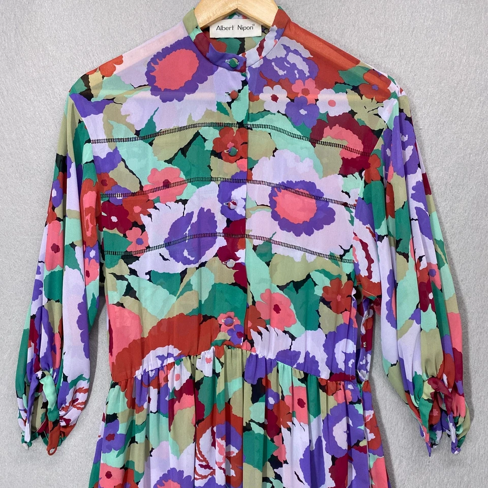 Vestido Vintage Albert Nipon Feminino 6 Floral Transparente Leve Fabricado nos EUA União - Imagem 2 de 4