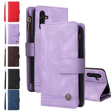 For Samsung Galaxy A22 A53 A73 5G Plain Leather Zipper Wallet Phone Case Strap