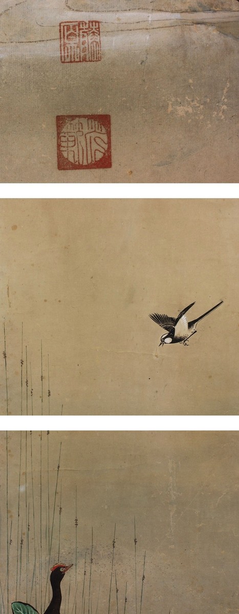 Tableau Japonais Rouleau Suspendu Vintage - Lys Du Japon Et Oiseau - Peint à La Main - Occasion