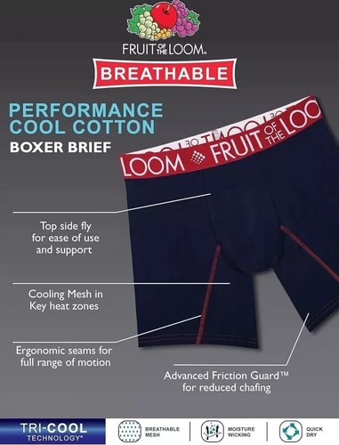FRUIT OF THE LOOM MENS 3 PK BREATHABLE PERFORMANCE COOLING BOXER BRIEFS S,M,L,XL - Picture 4 of 5