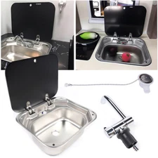 RV Caravan Camper Boat Stainless Steel Hand Wash Basin Kitchen Sink W/Lid