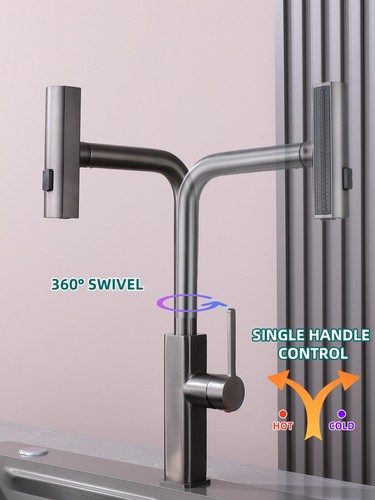 Kitchen Faucets, Brushed Gun Grey Kitchen Faucet with Pull Down Sprayer - Picture 4 of 9