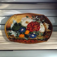 VTG Wooden Tray Wall Plaque Hanging Multicolored Flowers Rectangle CottageCore