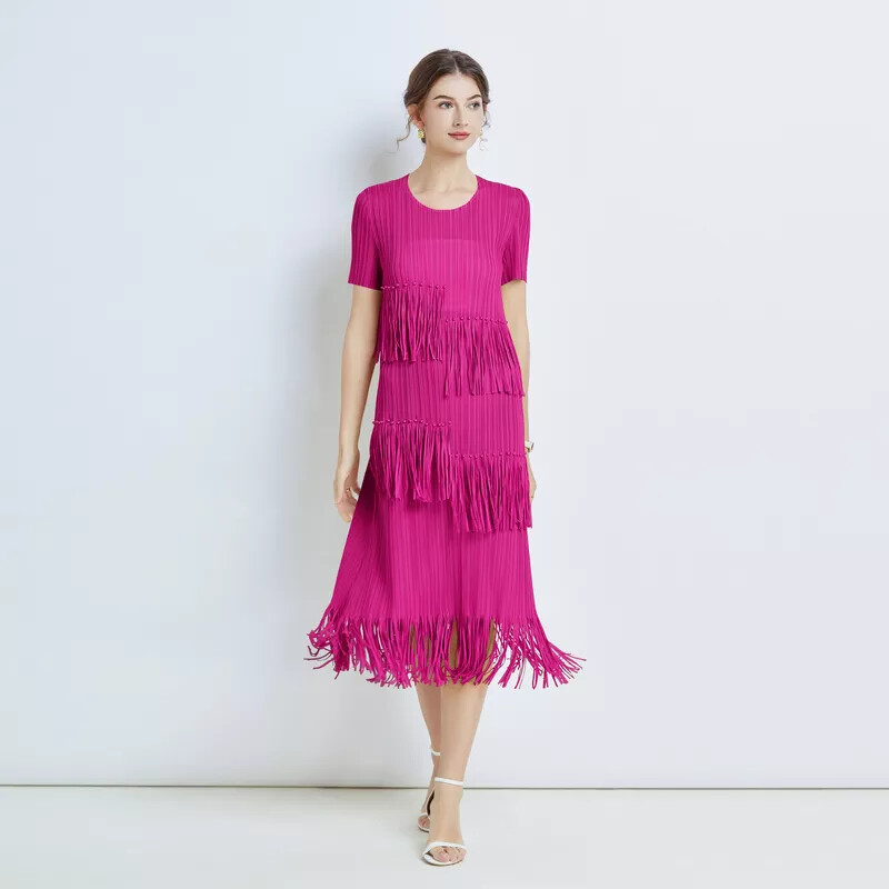 Vestido Elegante Largo Elegante Bonton Rosa Neón Flecos Gipsy 71736