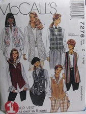 McCalls Pattern 7276 Sizes LRG - XLG (16-22) Easy Unlined Vests Uncut 1994
