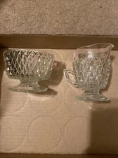 Vintage Glass Open Sugar and Footed Creamer Set Diamond Point Pattern