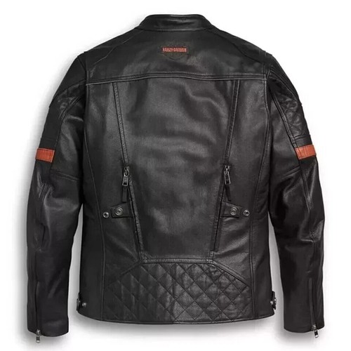Men's Original Black Motorcycle Vanocker Cowhide Leather Dual Vents Biker Jacket - Picture 2 of 4