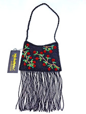 Inge Christopher Evening Mini Bag Clutch Red Roses Black Beaded Fringe New w Tag
