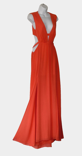 B2 NWT BCBG MAXAZRIA Alda Coral Orng Plunging V-Neck Cutout Gown Dress Sz 4 $368