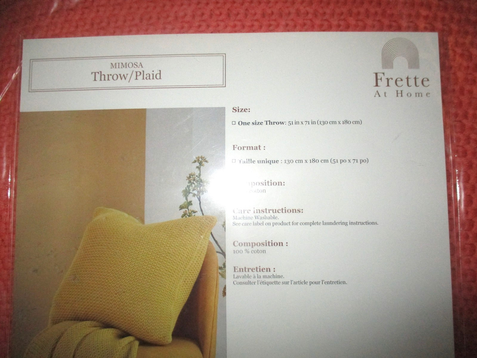 NWT Frette At Home ~ Mimosa Throw ~ Coral Color ~ Cotton ~ 51" x 71" ~ Washable