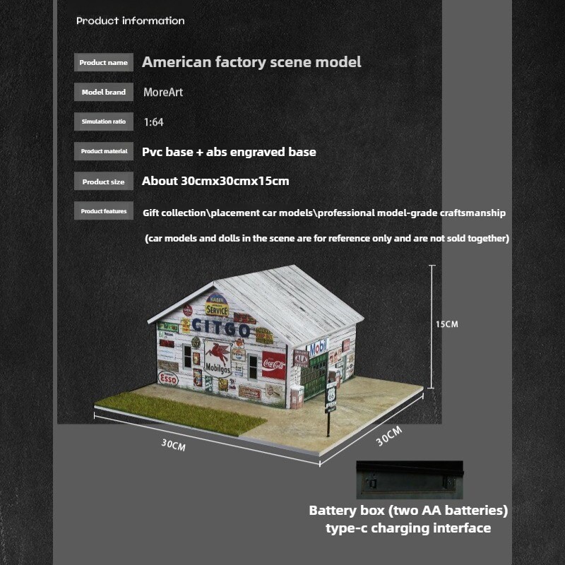 1/64 Diorama Diecast Car Garage LED Model Street American Factory