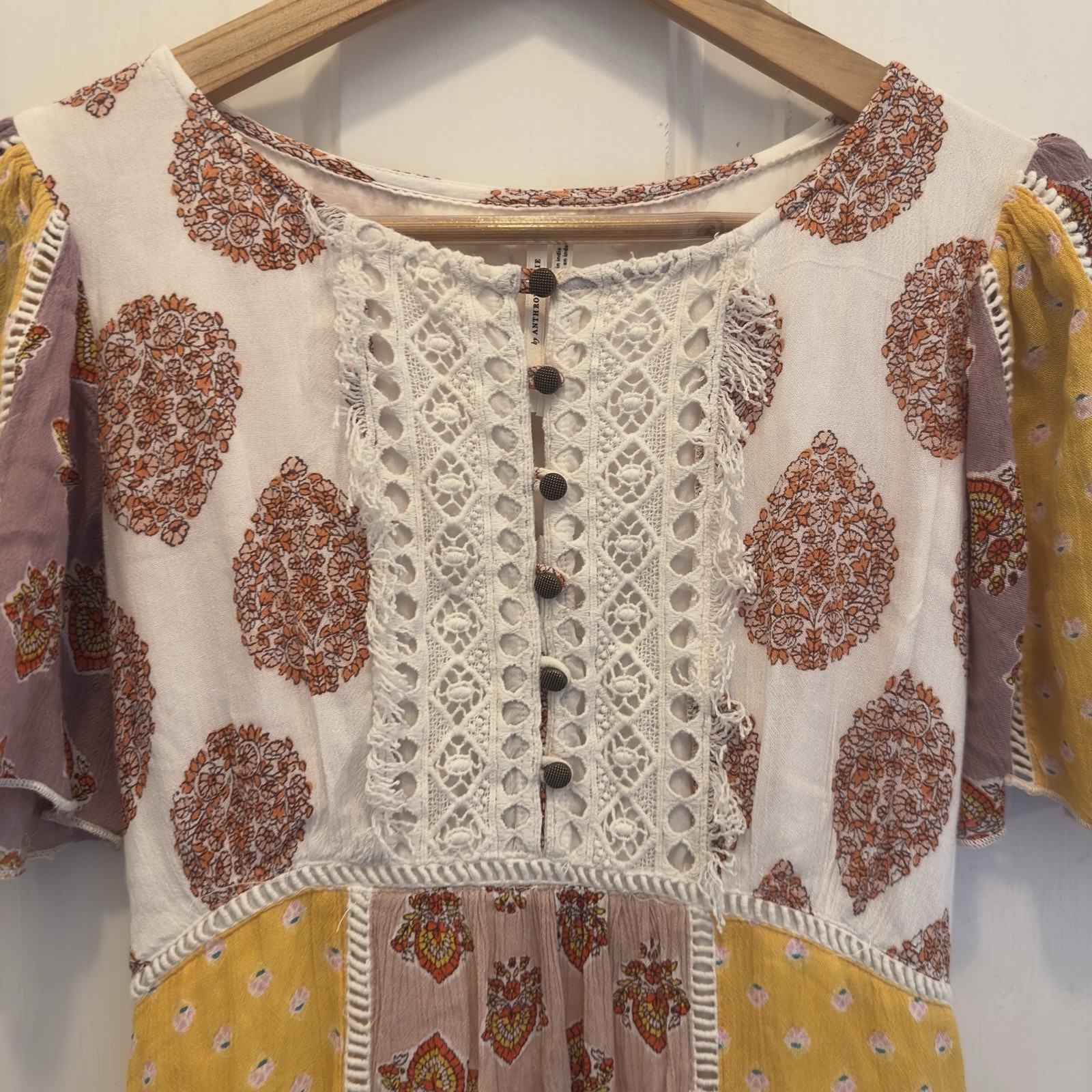 Boho Chic Multicolor Print Lace Button Detail Dre… - image 5