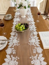 1pc Exquisite 3D Floral Embroidery Semi-Sheer Beaded Table Runner Palace Style