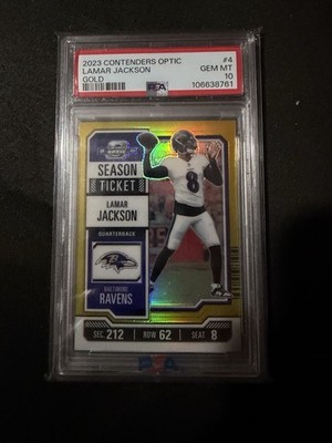 Lamar Jackson 2023 Contenders Optic True Gold 8/10 (Jersey #) PSA 10