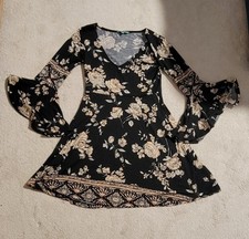 Nostalgia Size Small Midi Dress  bell sleeves Black Floral Boho