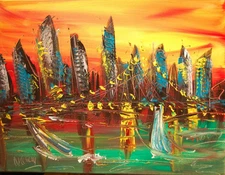 CITYSCAPE Abstract Modern Original Oil Painting  CANVAS BY KAZAV 3thrrh