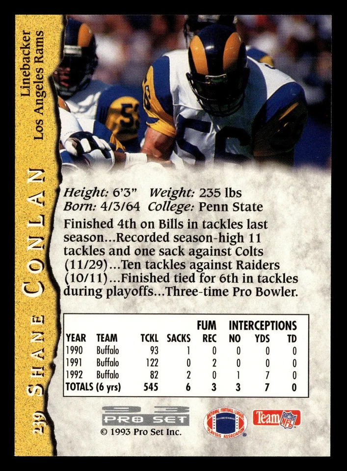 Shane Conlan 1993 Pro Set #239 Los Angeles Rams FREE SHIPPING *199 - Image 2 of 2