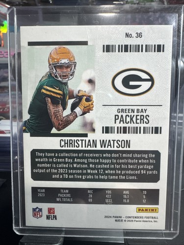 2024 Panini Contenders - Season Ticket Christian Watson #36 Gold /5 - Picture 2 of 2