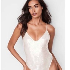 Victoria s Secret White Sequin Lace-Up Bodysuit M