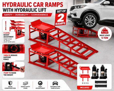 2pcs. Red Hydraulic Car Ramps 5T Adjustable Car Ramps with Hydraulic Lift Work