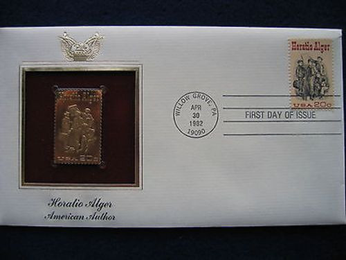 1982 Horatio Alger American Authors FDC Replica FDC 22kt Gold Golden Cover Stamp - Picture 3 of 3