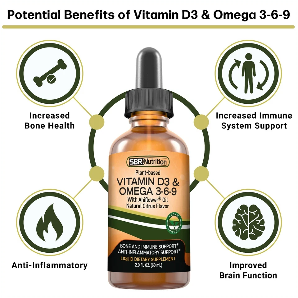 Веганский витамин D3 и омега 3-6-9 жидкие капли с ахифлоровым маслом, цитрусовые, 2 жидких унц - Изображение 3 из 4