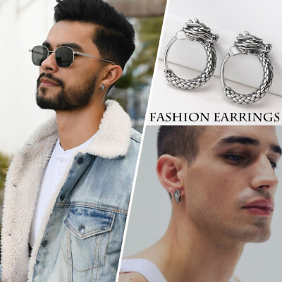 Rockyu Surgical Stainless Steel Hoop Earrings For Men Small Dragon