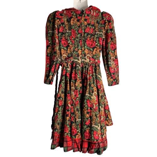 Vintage 90s Daisy Kingdom Girls Holiday Dress 8 Black Red Floral Plaid - Picture 7 of 8
