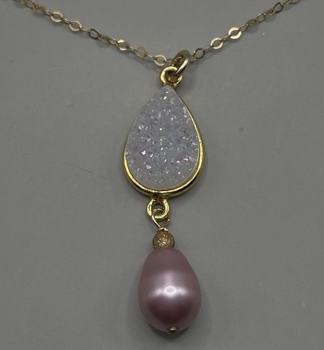 Seyana Momi White Druzy Crystal Pendant Necklace 14K GF Gold Filled Pink Pearl - Picture 3 of 11