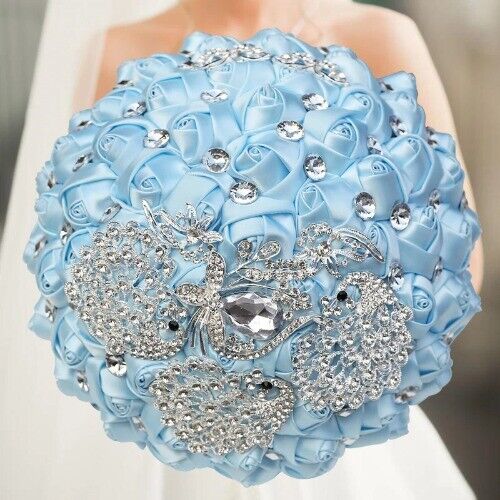 1pc/lot Light Blue Luxury Rhinestone Wedding Bouquet Wedding Handmade Flowers - Picture 1 of 31