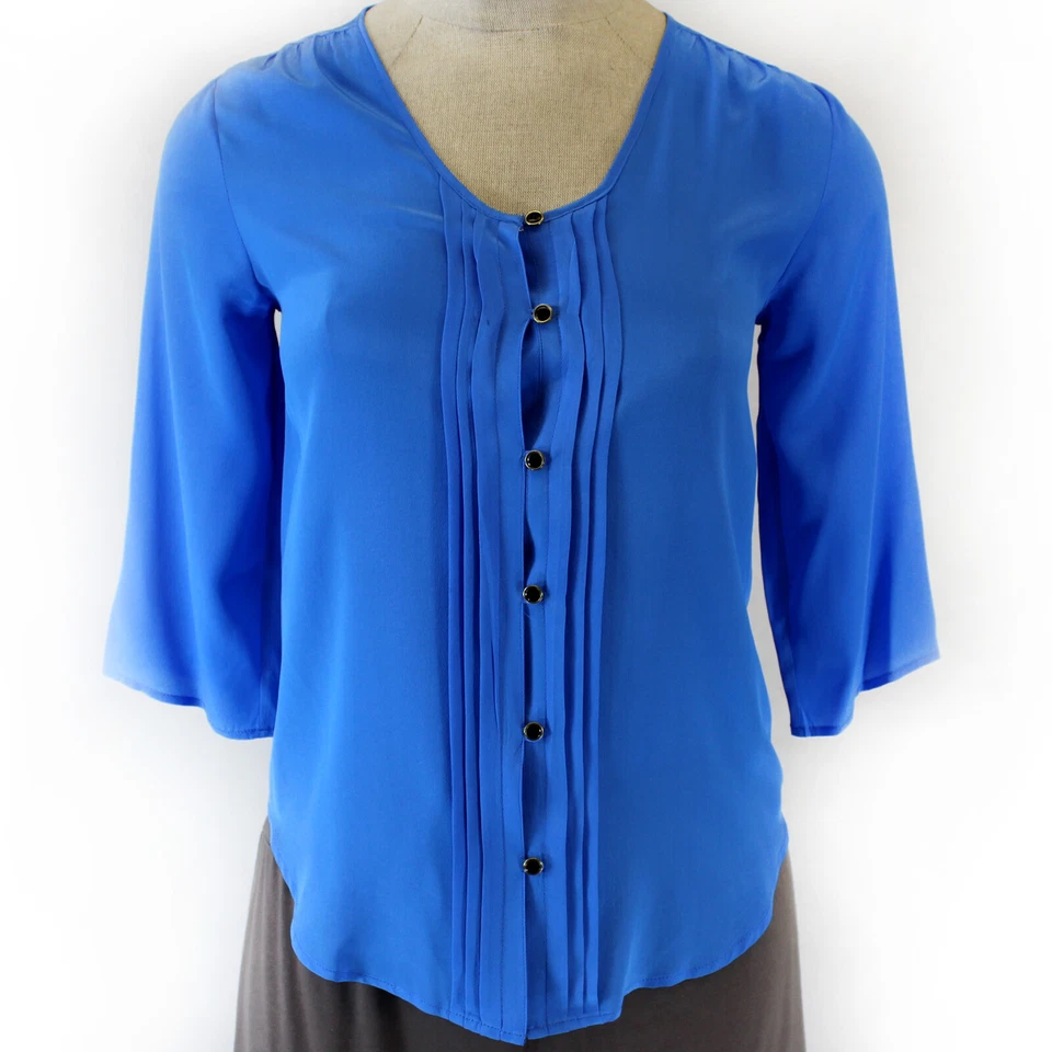 Yumi Kim Blue Buttons Down 100% Silk Blouse Medium - Image 2 of 4