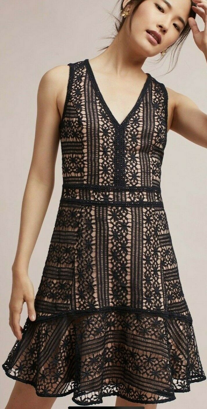 New Anthropologie X Greylin AMARYN FLOUNCED XS 0/2 Black Lace Sleeveless Mini