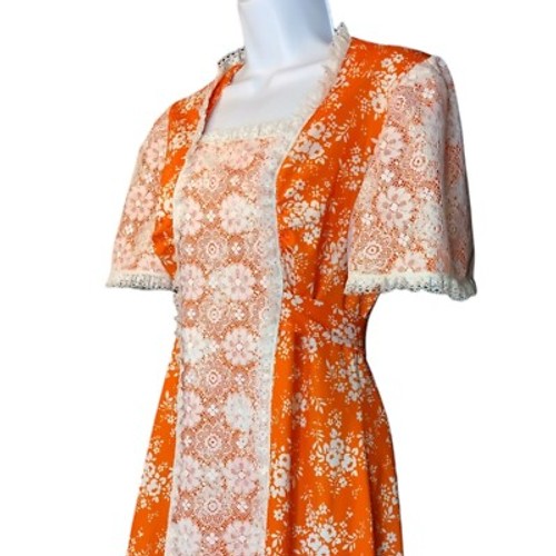 Maxi Vestido Hecho a Mano Para Mujer Mediano Años 70 Naranja Hawaiano Campesino Boho Hippie Encaje - Imagen 4 de 9
