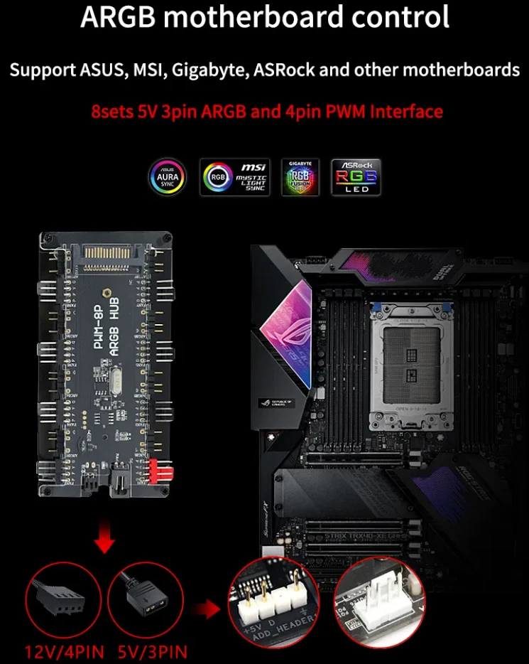 8 RGB / ARGB Strip Fan Controller Hub Splitter for Desktop Computer PC AURA SYNC - Image 3 of 4