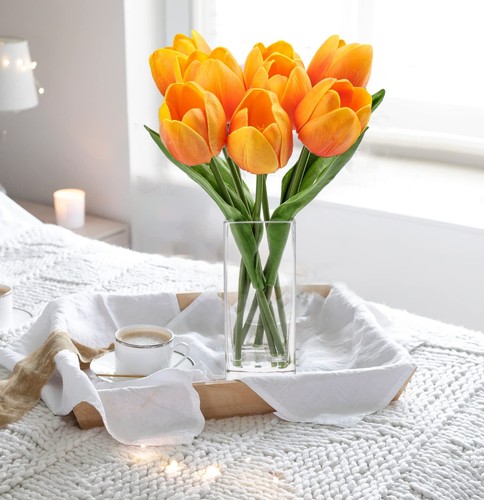 Fake Flowers Artificial Tulip Flower Orange in Clear Vase Real Touch Foam Tul... - Picture 7 of 7