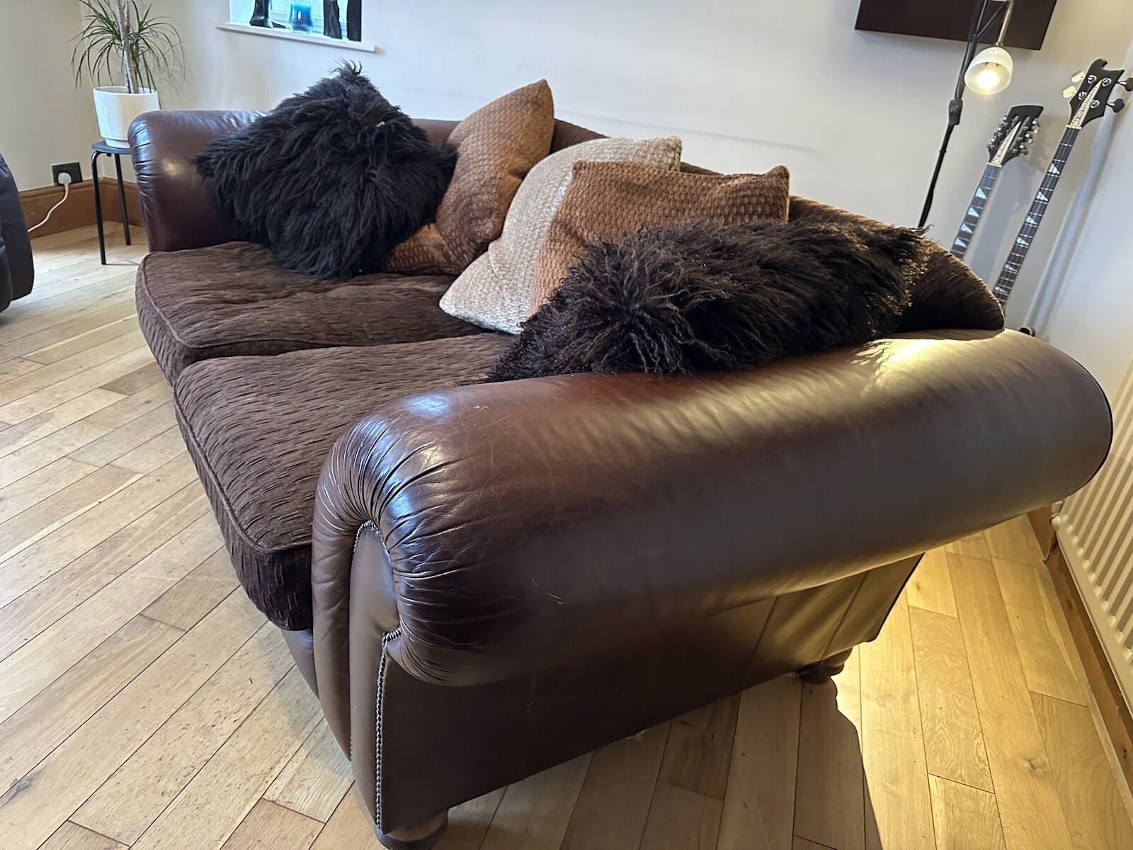 Pair of Barker & Stonehouse Tetrad brown leather & fabric sofas suite eBay