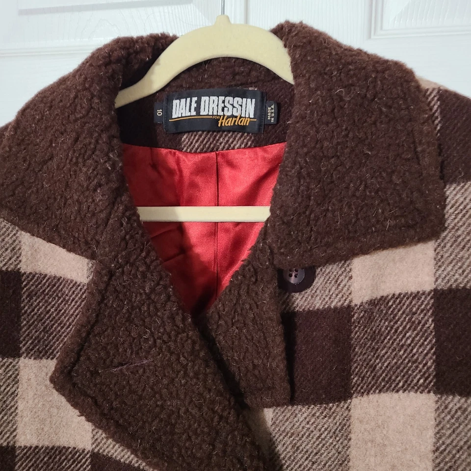 Abrigo de lana vintage Dale Dressin para Harlan marrón tostado chaqueta a cuadros talla 10 Foto 4 de 4