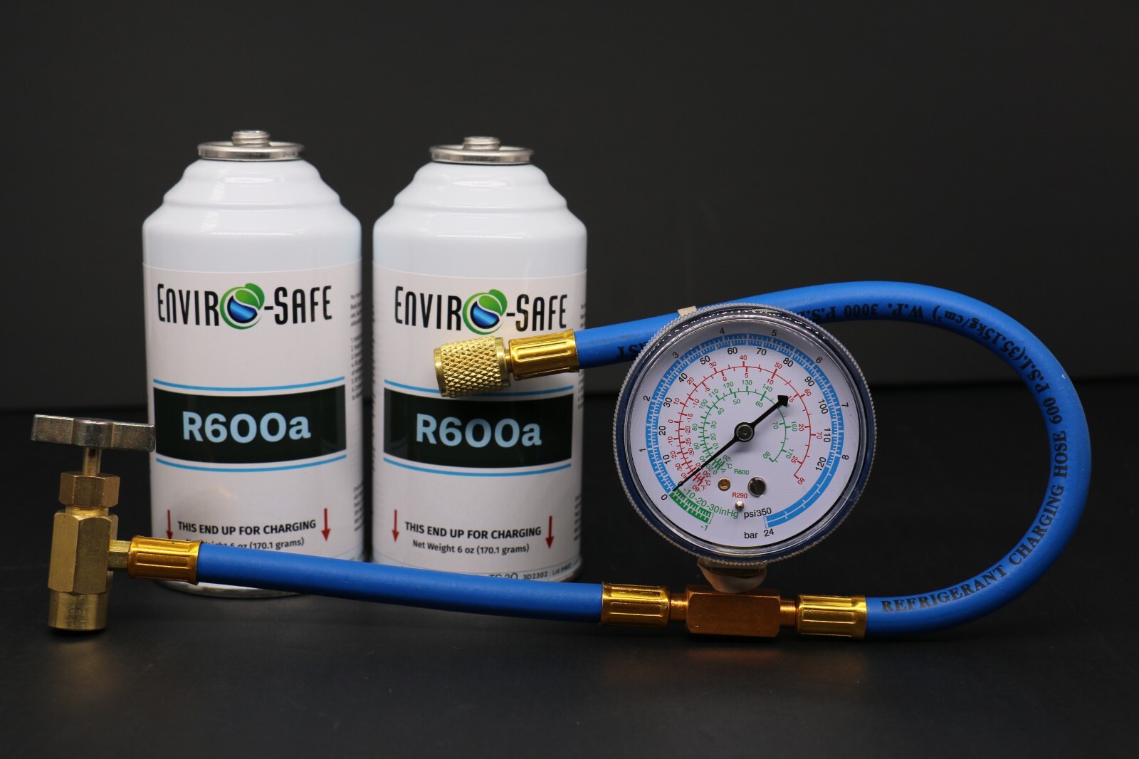 Enviro-Safe R-600a Refrigerant Inverted Piercing 6 oz/ 2 Cans and Brass Gauge