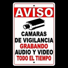 CCTV Warning Security Audio Video Surveillance Camera 8" x 12" Sign Spanish SS02