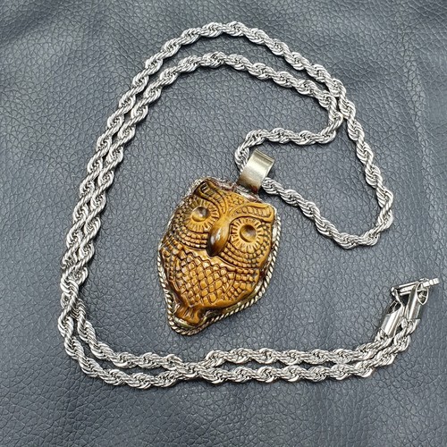Vintage Tiger Eye Carved Owl Shape Brass Pendant With Stainless Steel - Picture 10 of 17