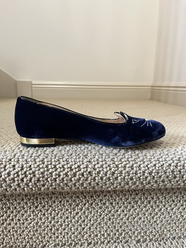 Charlotte Olympia Navy Velvet Kitty Flats - 37 1/2 - Picture 7 of 10