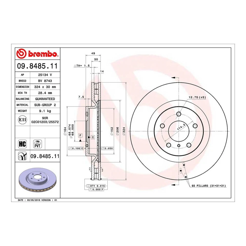 Kit de frenos delanteros Brembo pastillas de cerámica rotores de disco de 324 mm para Nissan 350Z Enthusiast Foto 3 de 4