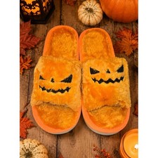 Women's Plush Pumpkin Jack-O'-Lantern Slide Slippers - Orange
