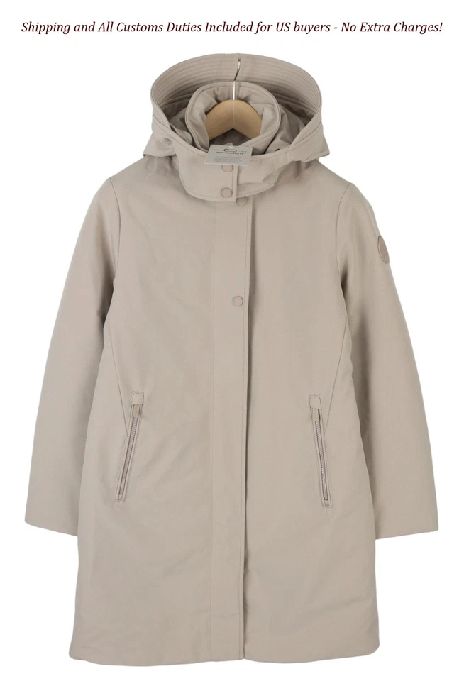 WOOLRICH Firth Down Hooded Trench Women Jacket S Light Grey Mid-Length RRP680 - Image 4 of 4