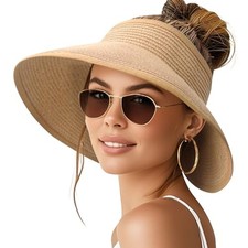 NPQQUAN Sun Visor Hats for Women Wide Brim Ponytail Straw Khaki  Classic