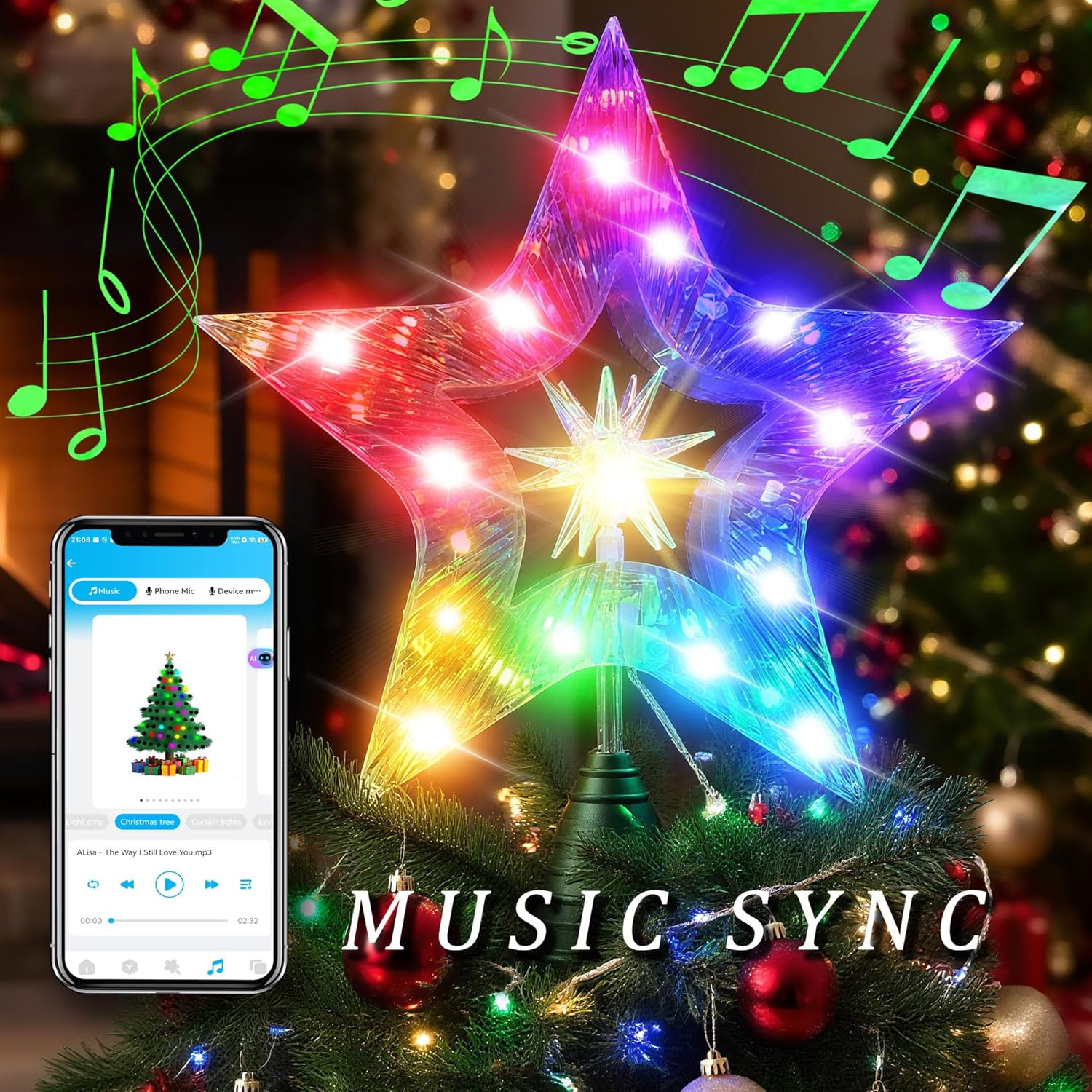 10" Christmas Tree Star Topper with Lights, Shatterproof, RGB Glow, USB Plug In